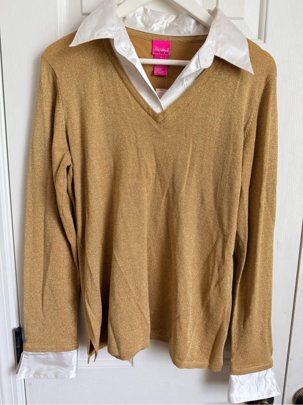 Du Jour Gold V-Neck Sweater with Attached White Faux Shirt